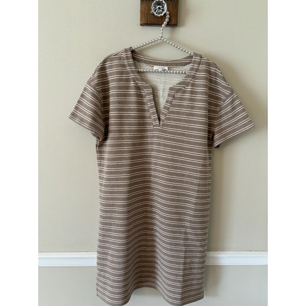 Haven Well Within Size Medium Tan Stripe Cotton Dress Short Sleeve